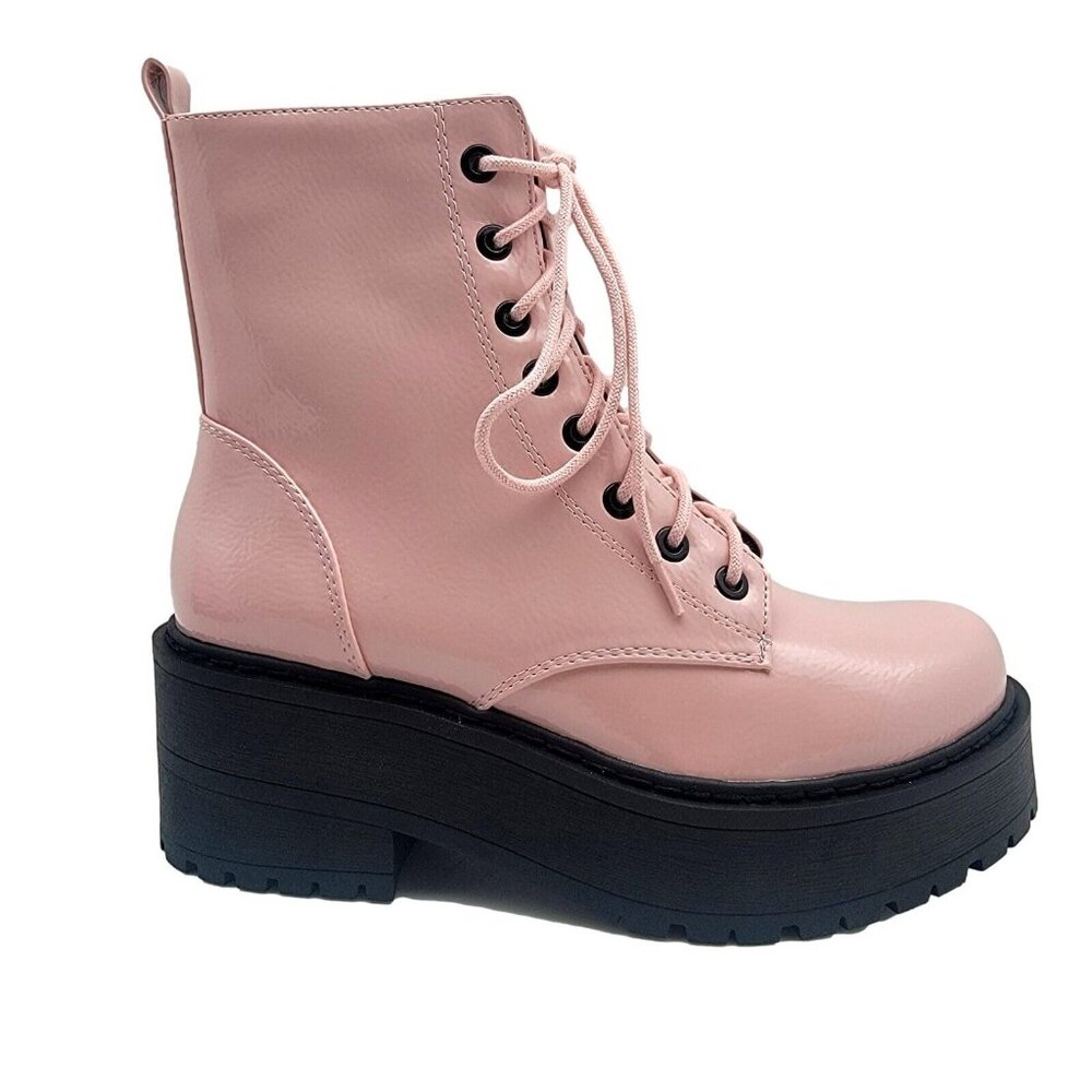 Fling Pink Combat Boots On Chunky Platform with Lug Soles and Side Zipper - Picture 3 of 7